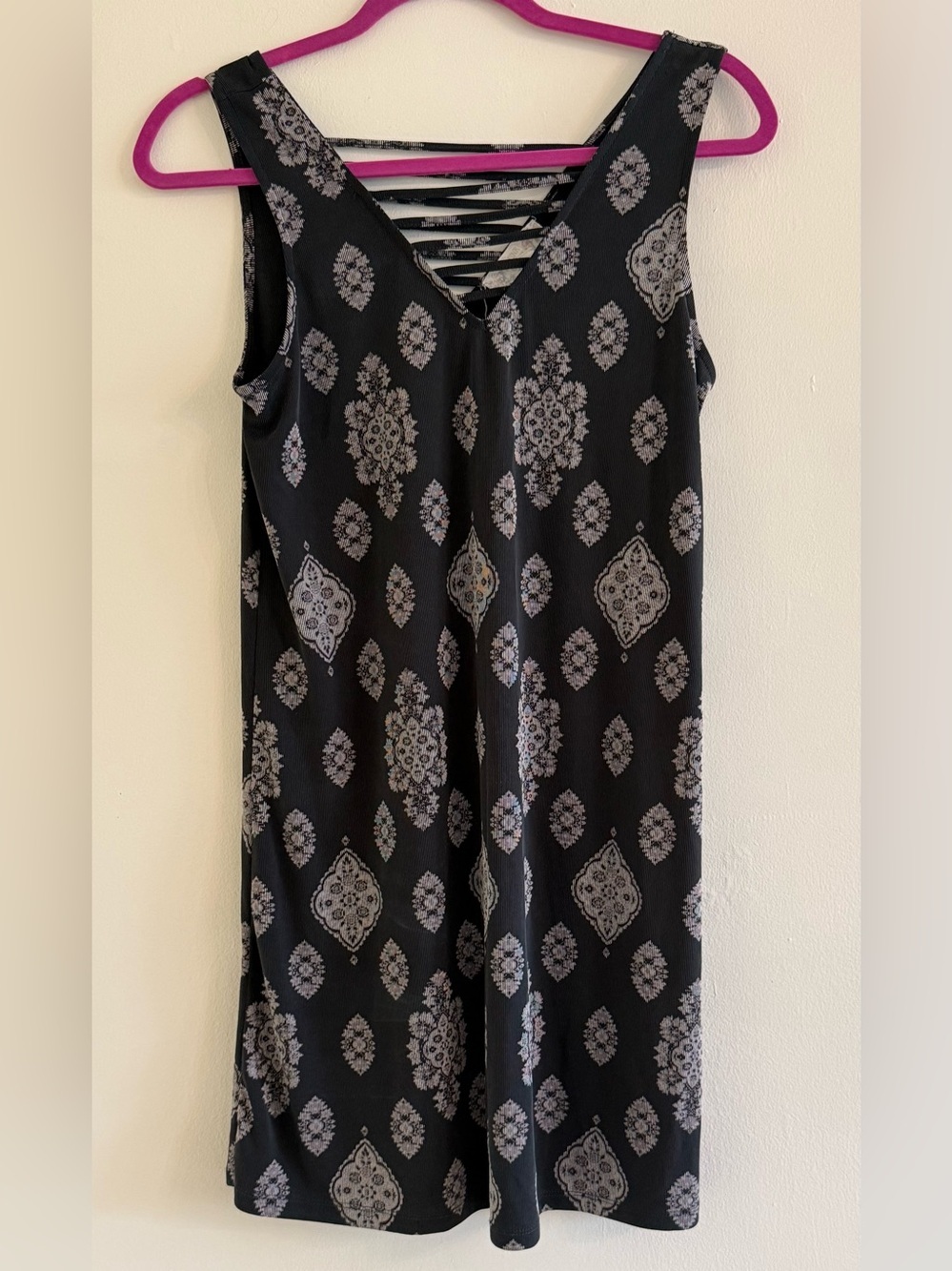 Pink Republic Black Mini Dress with Gray Medallion Print-Large